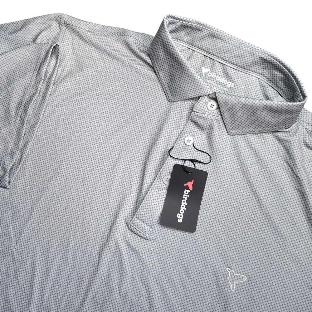 Birddogs Polo Shirt Mens 2XL Grey NWT Performance Stretch Geometric Microprint